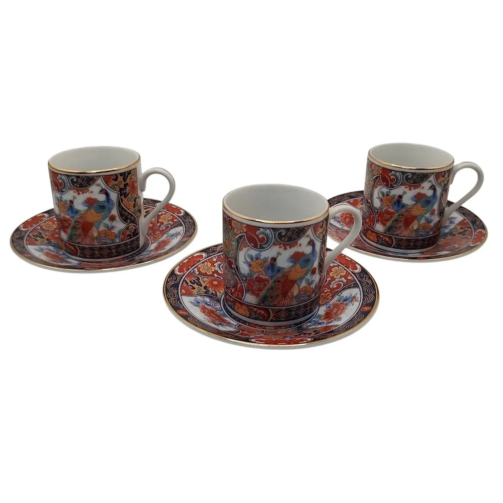 Vintage‎ Japanese Imari Arita Demitasse Cups Saucers Peacock Handmade Six Pieces